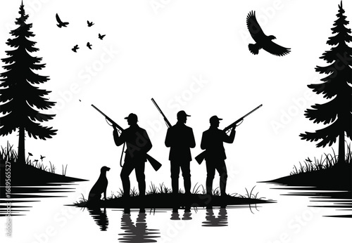 Silhouette hunting scene with hunters, dog, pine trees, flying birds, water reflection, outdoor wildlife adventure, black and white nature landscape, vector illustration