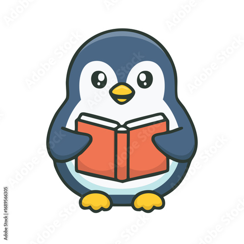 A cute cartoon penguin is absorbed in reading a book. The penguin is in a charming cartoon style. The scene depicts a cozy reading experience