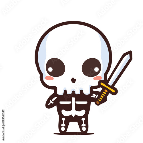 A cute and playful cartoon skeleton holding a sword, with big innocent eyes and a friendly appearance