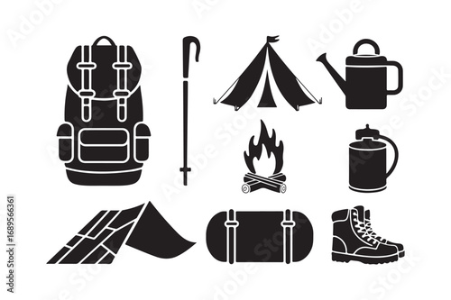 Collection of camping and hiking gear icons