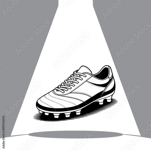 Illustrated Soccer Cleat Illuminated by Spotlight Simple Black and White Depiction of Athletic Footwear