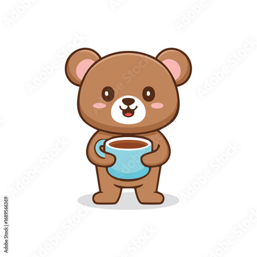 An adorable bear cub holds a coffee cup, filled with a delightful beverage. The illustration style is cute and inviting.