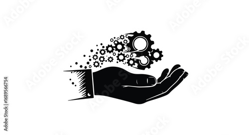 Hand holding abstract gears and particles, representing creation and innovation.