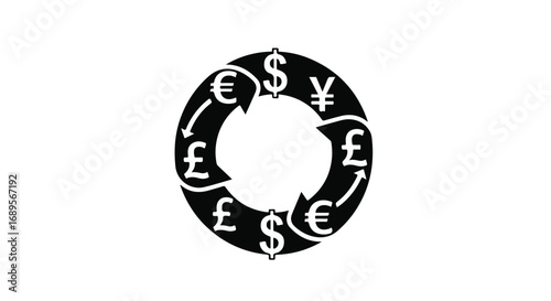 Global currency exchange cycle symbolized by international money symbols in a circular flow.