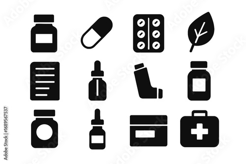 Pharmacy bottle prescription first pill icon blister vector virtual dropper inhaler icons