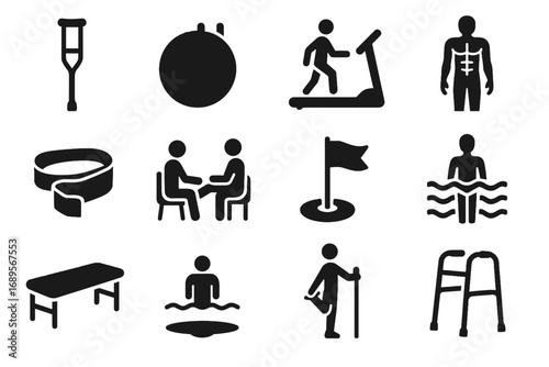 Massage crutch flag hydrotherapy session ai vector table icon rehabilitation guide anatomy