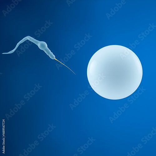 Sperm cells swim toward an egg cell in the fertilization picture. The sperm is approaching the egg cell for fertilization in the blue background