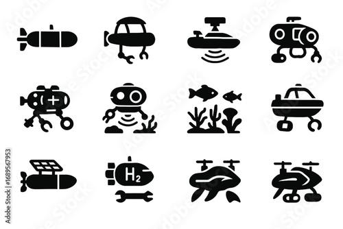 Monitoring futuristic icon survey inspection submersible fish habitat vector boat nano micro