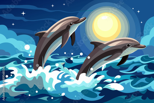 Pair of dolphins jumping out of water in sync, sun shining, feeling of joy and play