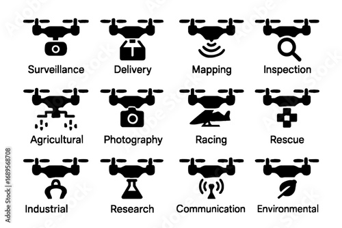 Delivery inspection drone industrial racing icon surveillance vector agricultural mapping icons diverse