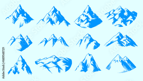 Mountain emblem or icons set. Hand drawn frozen peaks for your design, water bottle, expeditions, adventure and lifestyle business. Explore hills and woods. For clothing