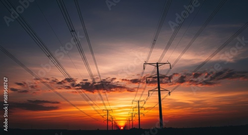 Flock of Birds Flying Towards the Setting Sun Through Power Lines