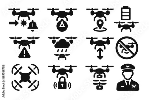 Alerts drone feature icon sensors vector signal shutoff zone monitoring battery safety