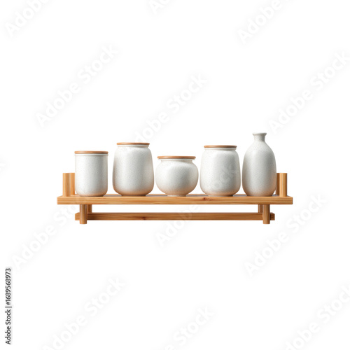 Elegant White Ceramic Jars and Bottle on Bamboo Shelf