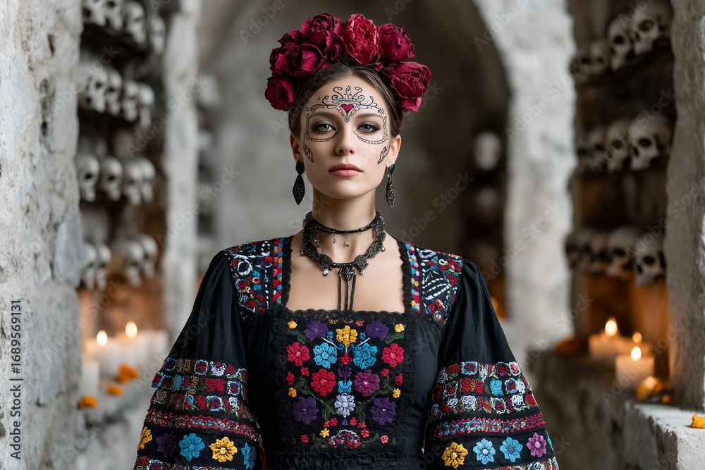 Fototapeta premium Woman in traditional Mexican embroidered dress with Day of the Dead face paint and red floral crown, standing in candlelit stone corridor adorned with skulls, honoring Día de los Muertos.