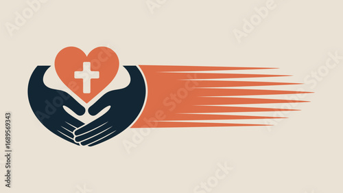 Hands holding heart with cross and motion lines symbolizing care and rapid assistance and support