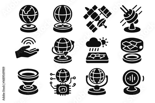 Satellite icons rotating icon projection base holographic sensor hologram emitter toggle globe