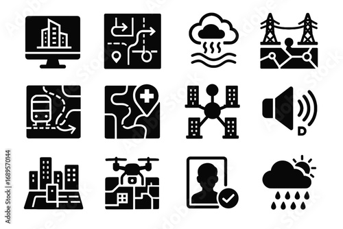 Monitor city quality noise vector icon building icons flow smart weather map