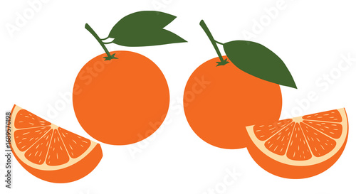 fresh oranges with green leaves and juicy slices