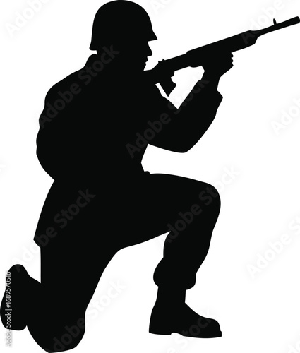 Silhouette of a soldier in combat pose holding rifle ready for action military figure silhouette