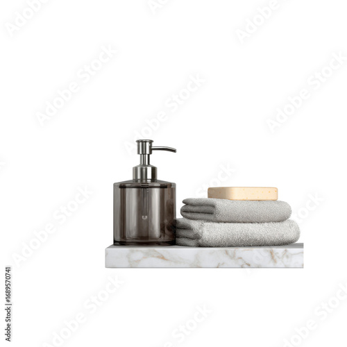 Modern Bathroom Essentials Soap Dispenser, Towels, and Soap on Marble Shelf