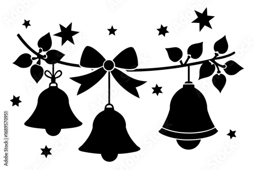 Silhouette of three christmas bells hanging from a branch with stars and a bow