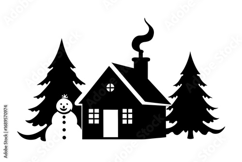 Silhouette of a snowman, a house with smoke from chimney, and two pine trees