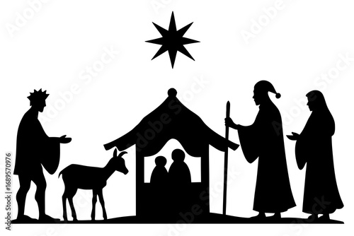 Nativity scene silhouette with the three wise men, a donkey, and the holy family in a stable