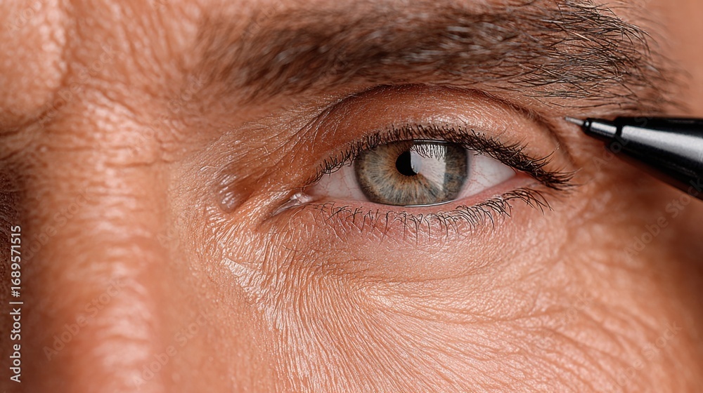 Fototapeta premium Male blepharoplasty procedure concept with surgeon and patient in clinical environment focusing on eyelid correction and rejuvenation