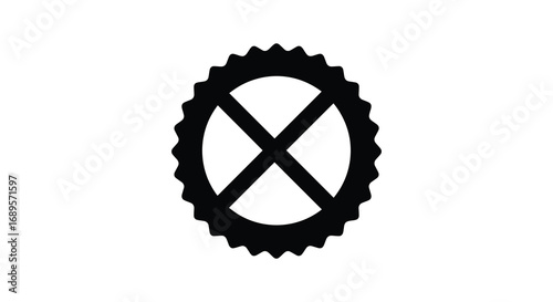 a black emblem with crossed lines inside jagged border