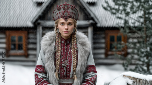 Portrait of woman in traditional Eastern European winter attire with braided hair and fur cloak, standing in snow-covered village setting, cultural folklore fashion during winter season.