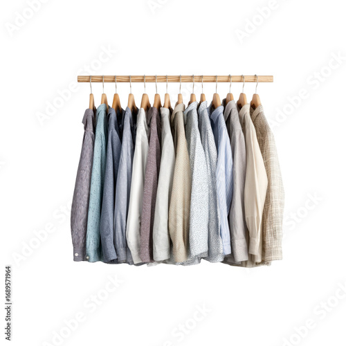 Row of Neutral-Colored Shirts Hanging on Wooden Hangers