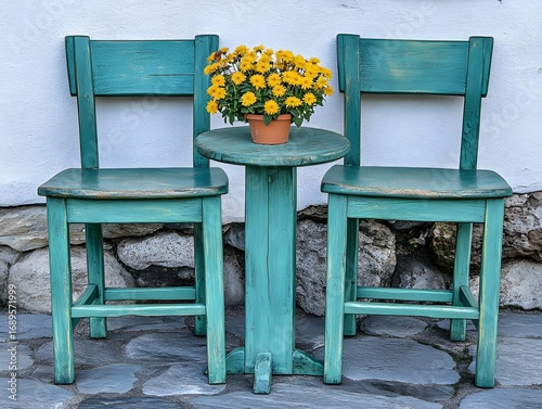 Rustic Teal Chairs Small Table Yellow Flowers Outdoor Setting
