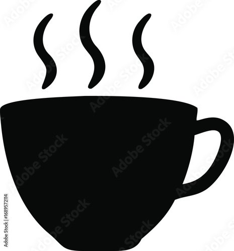 Simple black silhouette of a steaming coffee cup with a handle and hot beverage steam silhouette