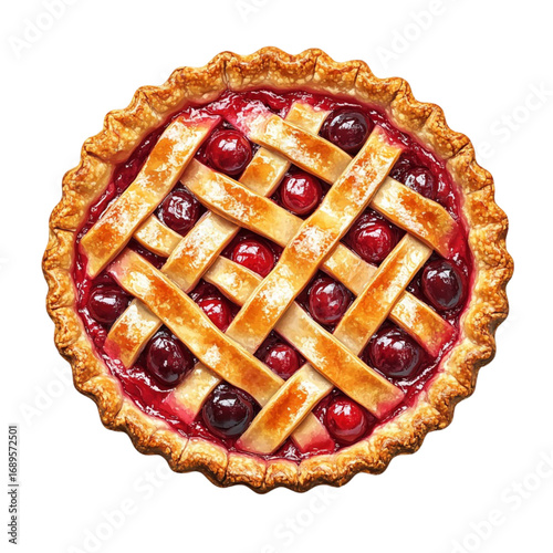 A classic homemade cherry pie with a golden lattice crust and fluted edges, isolated on a white background.