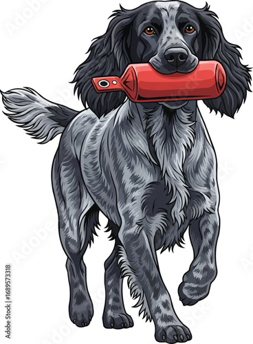 Blue Picardy Spaniel dog carrying game dummy vector illustration
