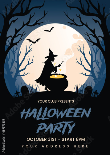 Silhouette of a witch brewing a potion under a large full moon on halloween night