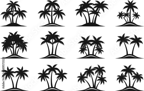 Set of Palm Tree Silhouettes on Small Islands, Tropical Vector Icons, Nature Elements for Beach, Summer, Vacation, Landscape Design, and Travel Projects