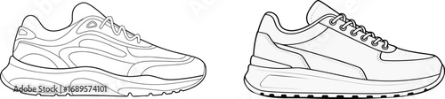 Stylish and modern sneaker design line art illustration with a minimalistic, clean look, showcasing a trendy athletic shoe perfect for fashion and footwear projects.