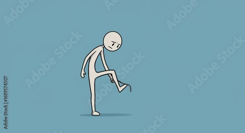 Sad Stick Figure Tying Shoelace on Light Blue Background