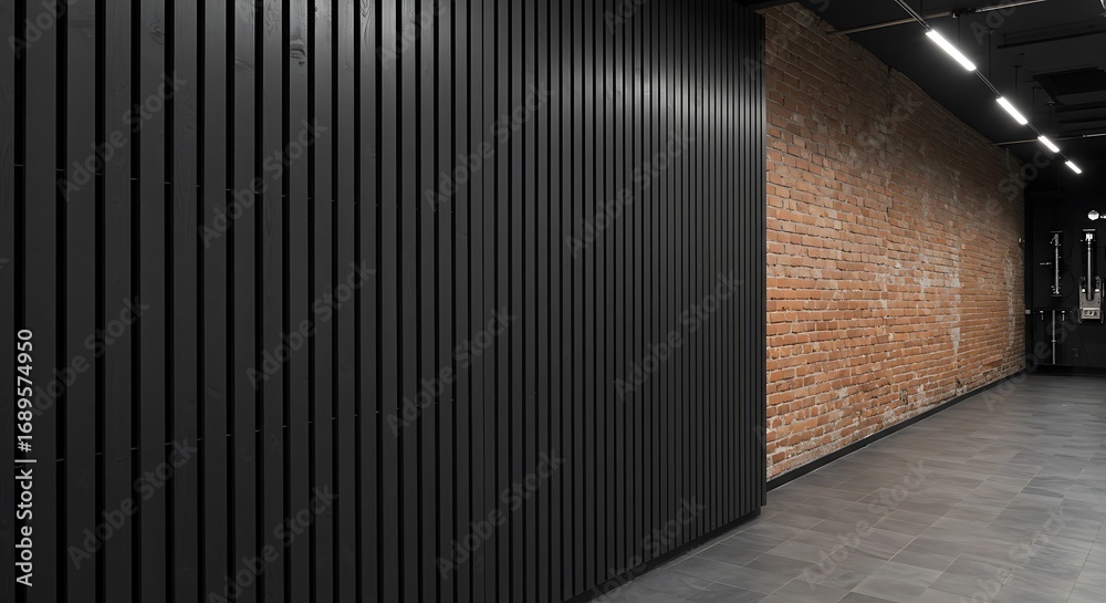 Obraz premium Black wall with vertical paneling and brick texture