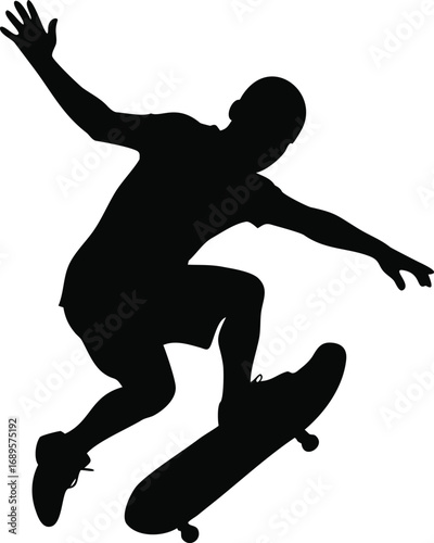 Dynamic silhouette of a skateboarder performing an aerial trick capturing motion and extreme sports action silhouette
