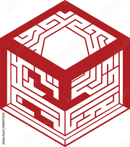  red cube with abstract geometric maze lines, modern isometric design element for logo, branding, digital art, architectural concept and contemporary creative decoration.