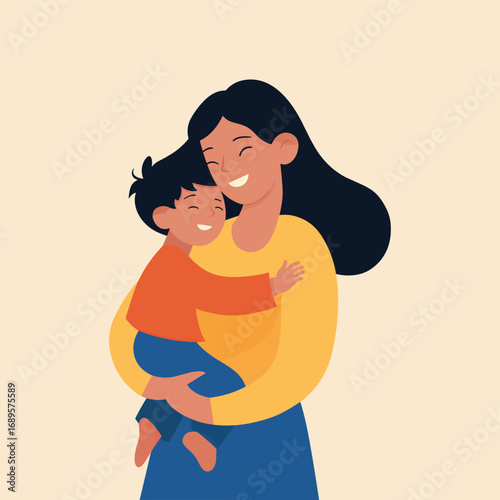 A loving mother joyfully embraces her smiling child in a tender hug, representing a strong family bond.