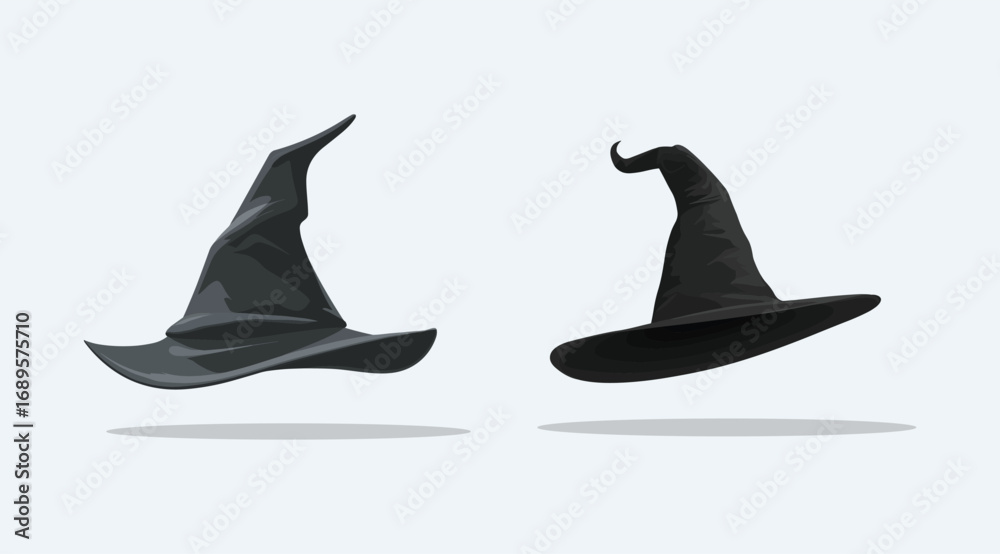 Fototapeta premium Two distinct black witch hats are depicted floating with subtle shadows, symbolizing magic and Halloween festivities.
