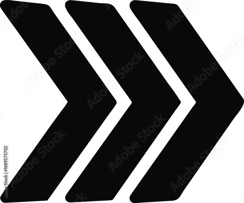 Bold dark grey triple chevron arrow pointing right forward progress directional symbol abstract graphic silhouette