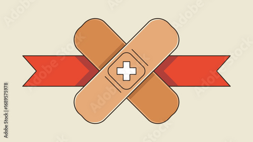 Illustration of two crossed bandages with a white plus sign and a red ribbon on light background