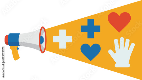 A megaphone broadcasting symbols of healthcare love and support on a yellow background vector graphic