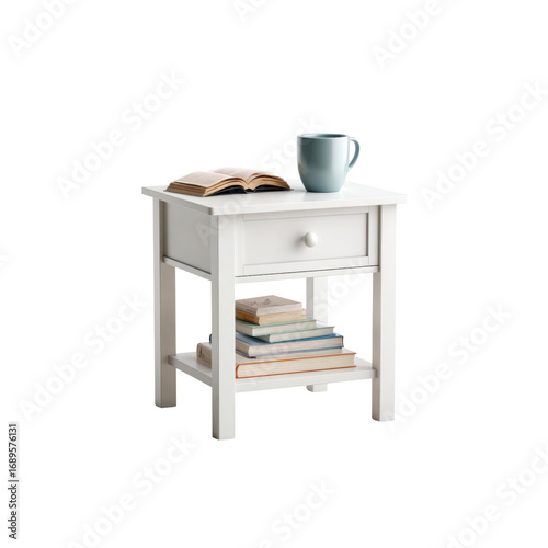 White Wooden Nightstand with Books and Mug - Cozy Bedroom Furniture