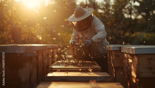 Traditional Beekeeping with Wooden Hives in Countryside
